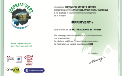 Label IMPRIM’VERT® : Offset 5 renouvelle sa certification environnementale